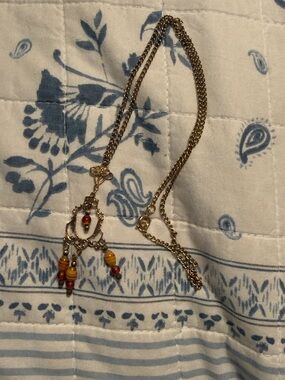 Gold-Tone Pendant Necklace with Red and Yellow Beads